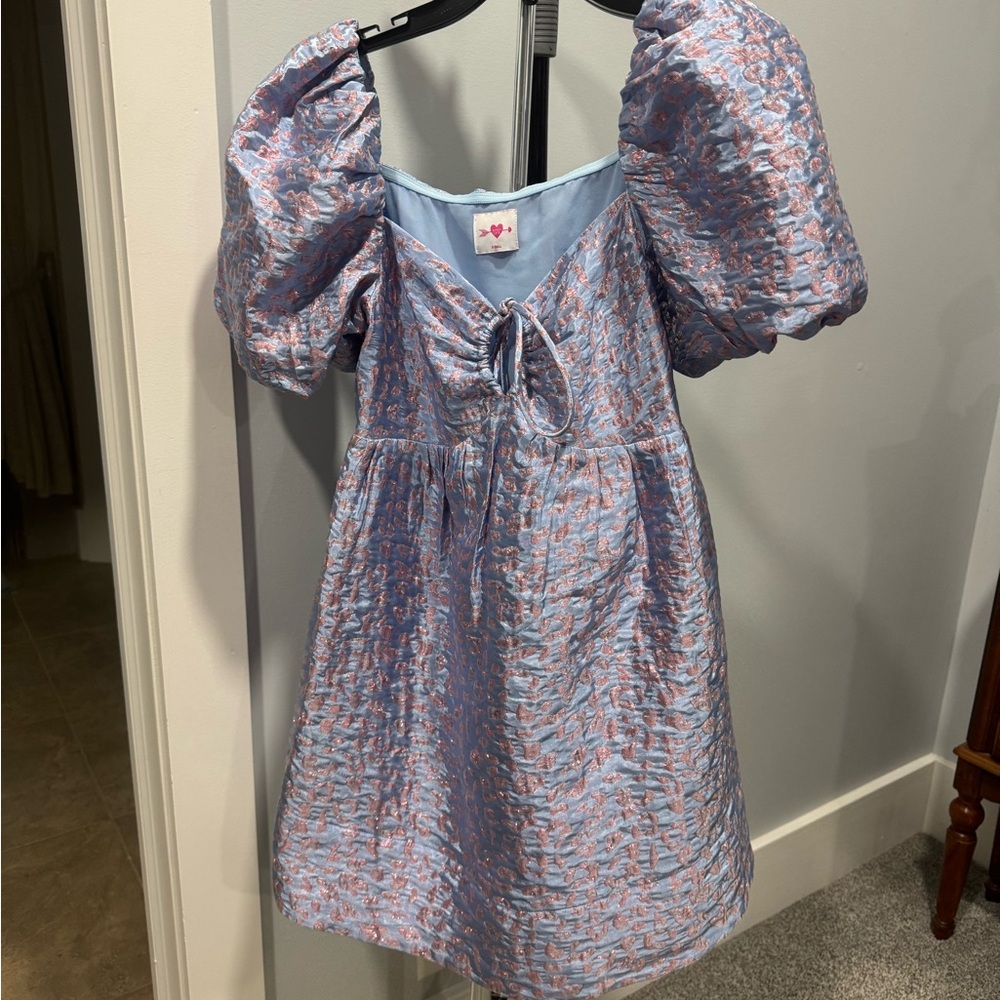 Puff Sleeve Dress in Blue and Pink